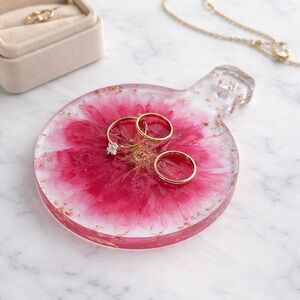 Handmade Resin Floral Coaster / Mini Tray – Pink & Gold